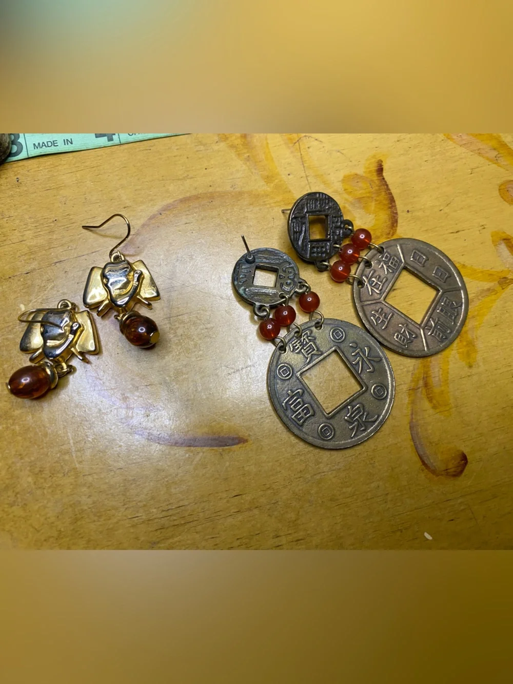 Vintage Chinese Coin Drop Earrings with Red Agate Beads